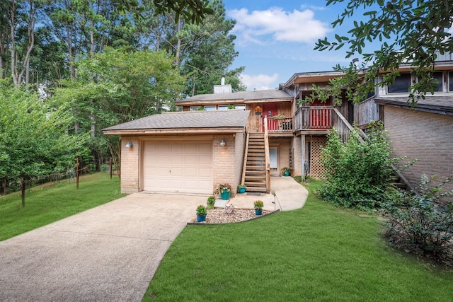 1501 Wimbledon Dr, Huntsville, TX 77340 - view of front of home featuring stairway, brick siding, driveway, an attached garage, and a front lawn