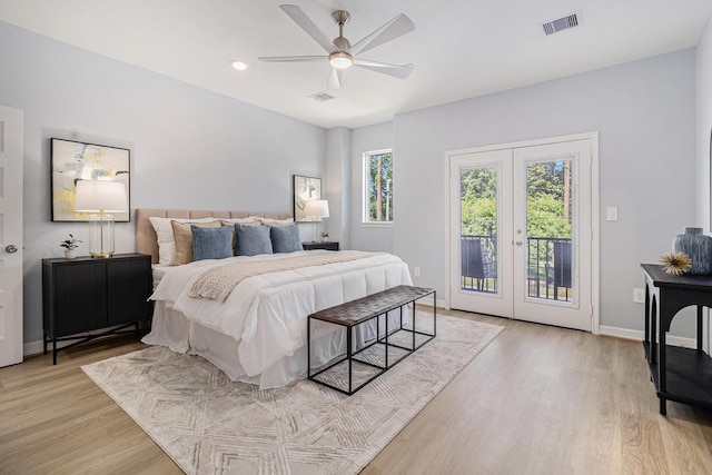 9311 Noel St, Houston, TX 77033 - bedroom featuring access to outside, light wood-type flooring, french doors, a ceiling fan, and recessed lighting
