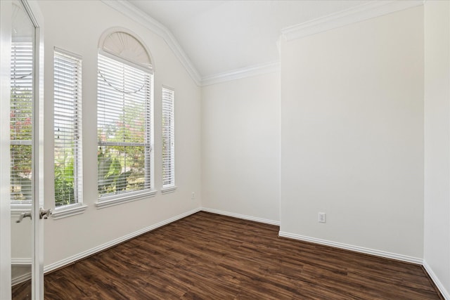 25207 Oak Star Dr, Spring, TX 77389 - unfurnished room featuring crown molding, dark wood-type flooring, and lofted ceiling