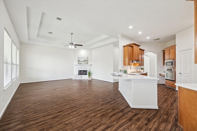 25207 Oak Star Dr, Spring, TX 77389 - kitchen featuring a ceiling fan, dark wood-style flooring, open floor plan, light countertops, and recessed lighting