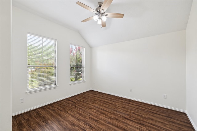 25207 Oak Star Dr, Spring, TX 77389 - empty room with vaulted ceiling, dark wood-type flooring, and ceiling fan