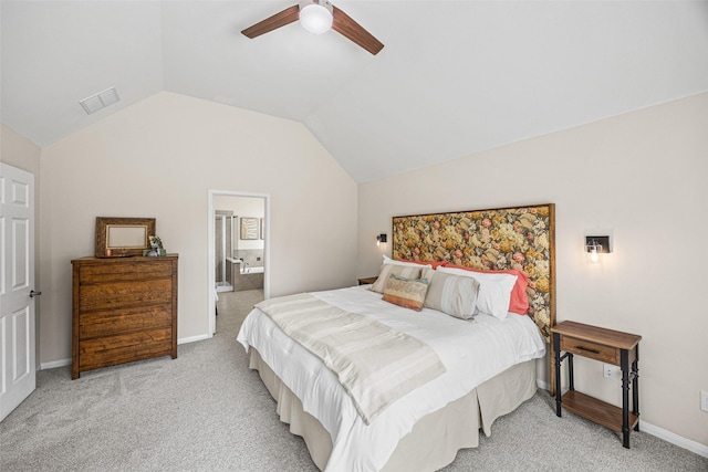 12314 Meadow Blossom Ln, Cypress, TX 77433 - bedroom featuring light carpet, lofted ceiling, ceiling fan, and connected bathroom
