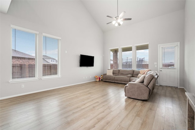 13402 Rain Lily, Texas City, TX 77568 - living room with high vaulted ceiling, light wood-style flooring, and ceiling fan