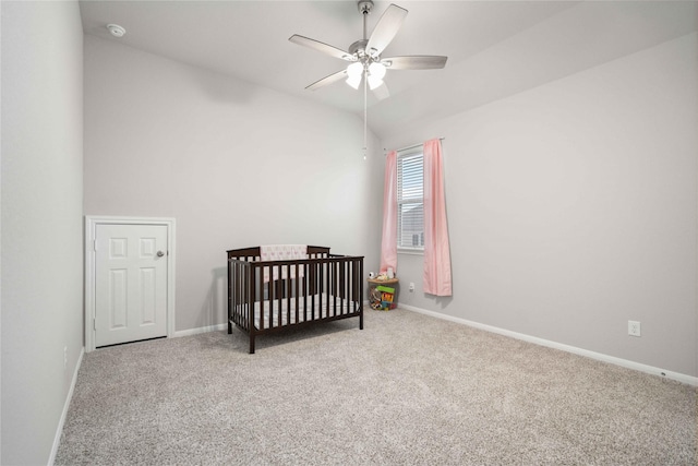 13402 Rain Lily, Texas City, TX 77568 - carpeted bedroom featuring a crib, lofted ceiling, and ceiling fan