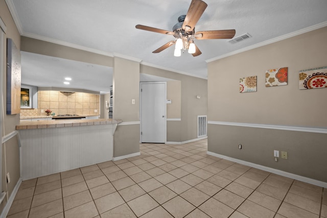 1406 Diana Ct, Houston, TX 77062 - kitchen featuring tile counters, ceiling fan, decorative backsplash, light tile patterned flooring, and ornamental molding