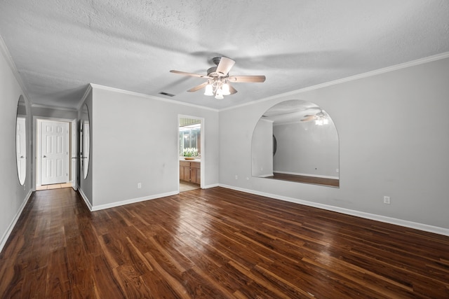 1406 Diana Ct, Houston, TX 77062 - empty room with ceiling fan, a textured ceiling, wood finished floors, arched walkways, and ornamental molding