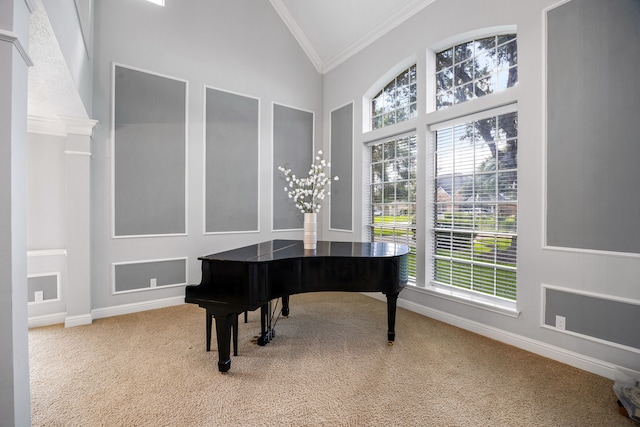 427 Crestwater Trl, Houston, TX 77082 - living area with ornamental molding, high vaulted ceiling, carpet flooring, and healthy amount of natural light