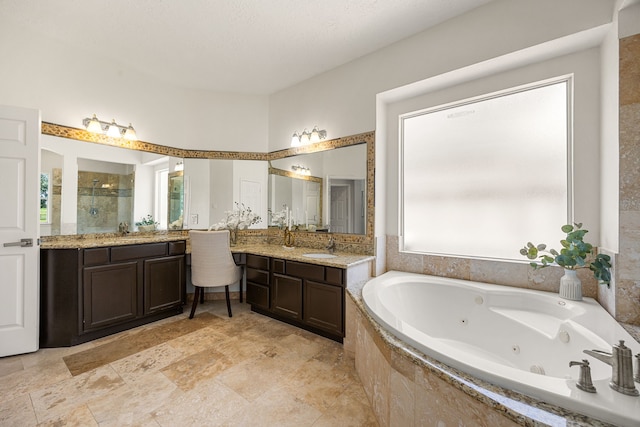 427 Crestwater Trl, Houston, TX 77082 - full bathroom featuring vanity, a whirlpool tub, and a tile shower