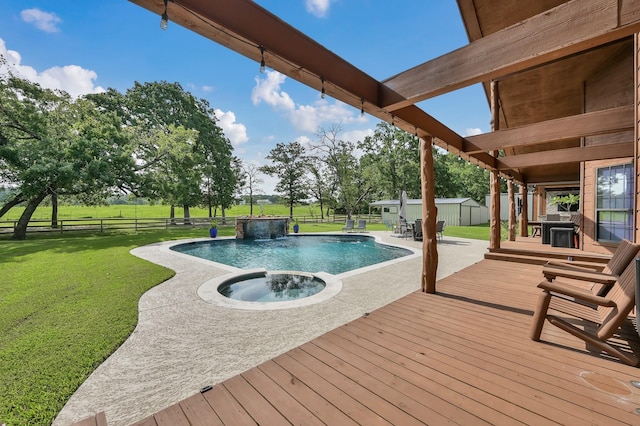 28540 Lynnwood Ln, Hempstead, TX 77445 - view of pool featuring a deck, a storage unit, a pool with connected hot tub, a patio area, and outdoor dining area