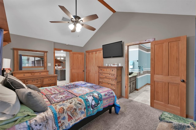 28540 Lynnwood Ln, Hempstead, TX 77445 - bedroom featuring high vaulted ceiling, ensuite bath, a closet, a ceiling fan, and light carpet