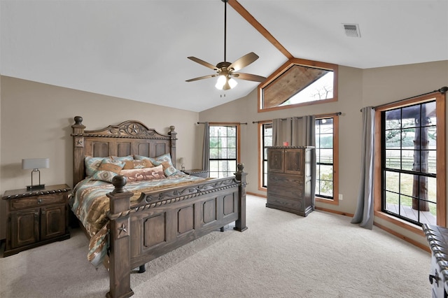28540 Lynnwood Ln, Hempstead, TX 77445 - bedroom with light colored carpet, high vaulted ceiling, and ceiling fan