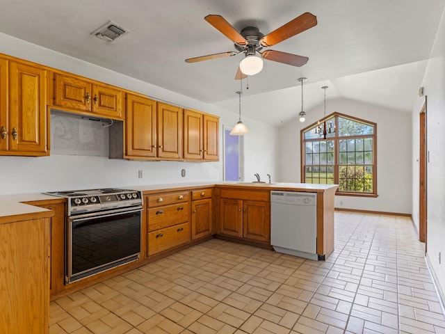 4432 County Road 886, Brazoria, TX 77422 - kitchen featuring dishwasher, stainless steel electric stove, a peninsula, brick patterned flooring, and vaulted ceiling