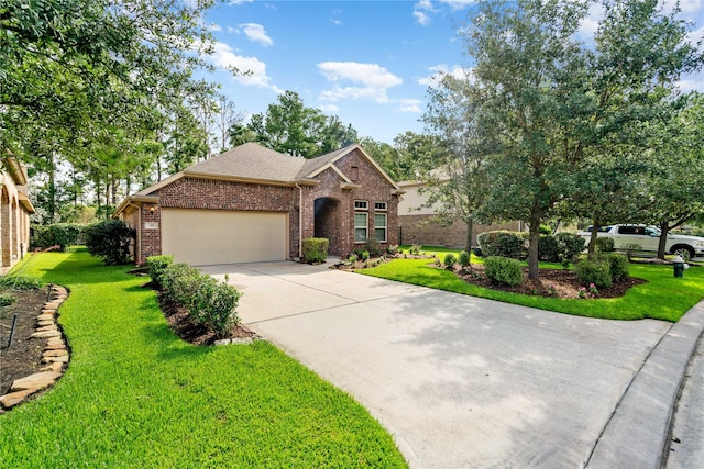 38 Tallgrass Way, Spring, TX 77389 - view of front of house with brick siding, a garage, concrete driveway, a front yard, and a shingled roof