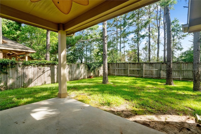38 Tallgrass Way, Spring, TX 77389 - fenced backyard with a ceiling fan and a patio