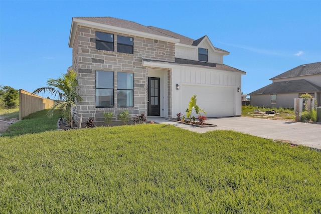 825 Rd 5501, Cleveland, TX 77327 - view of front of property featuring a front yard, concrete driveway, stone siding, an attached garage, and board and batten siding