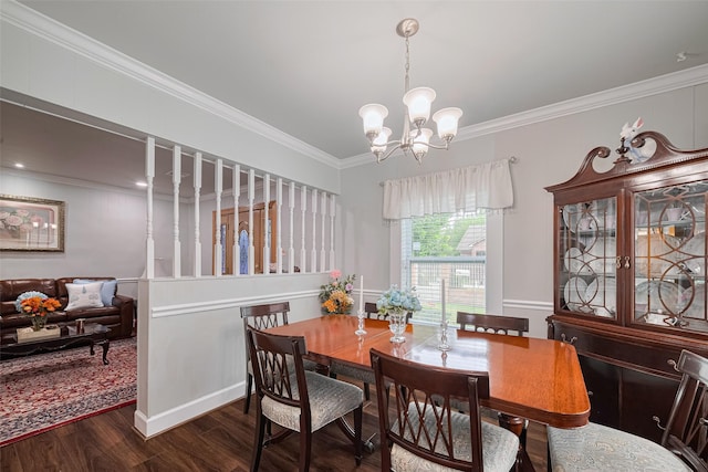 7833 Narcissus St, Houston, TX 77012 - dining room with ornamental molding, dark wood finished floors, and a chandelier