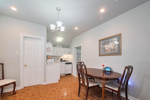 7833 Narcissus St, Houston, TX 77012 - dining area with a chandelier, vaulted ceiling, and recessed lighting
