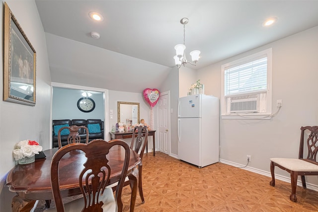 7833 Narcissus St, Houston, TX 77012 - dining area featuring a chandelier, cooling unit, recessed lighting, and lofted ceiling
