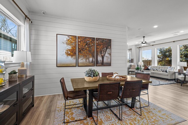 10502 William Park Dr, Missouri City, TX 77459 - dining room with recessed lighting, light wood-type flooring, wood walls, and a ceiling fan
