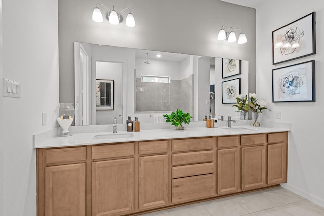 10502 William Park Dr, Missouri City, TX 77459 - full bathroom with double vanity, walk in shower, and tile patterned flooring