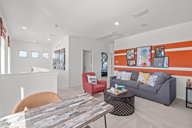 10502 William Park Dr, Missouri City, TX 77459 - living room featuring attic access, light carpet, and recessed lighting