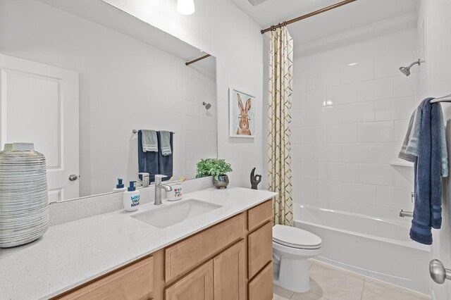 10502 William Park Dr, Missouri City, TX 77459 - full bath with shower / bath combo with shower curtain, vanity, and tile patterned flooring