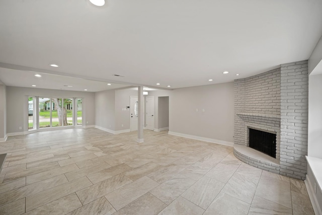5135 Loch Lomond Dr, Houston, TX 77096 - unfurnished living room featuring a fireplace, recessed lighting, and light marble finish flooring