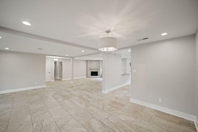 5135 Loch Lomond Dr, Houston, TX 77096 - unfurnished living room with recessed lighting and a brick fireplace