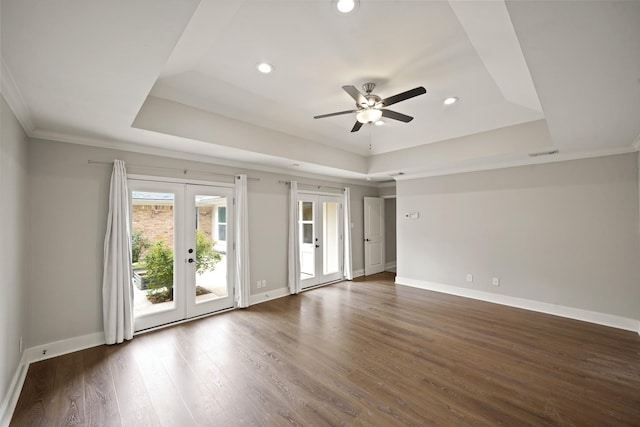 5135 Loch Lomond Dr, Houston, TX 77096 - spare room featuring a tray ceiling, french doors, recessed lighting, a ceiling fan, and wood finished floors