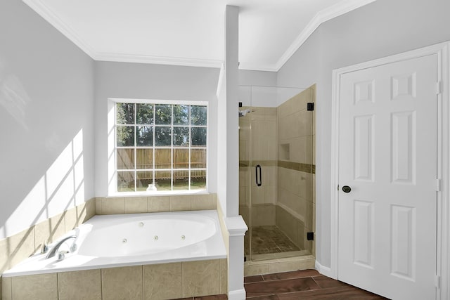 13810 Lakewood Crossing Blvd, Houston, TX 77070 - full bathroom featuring a whirlpool tub, a stall shower, ornamental molding, and wood finished floors