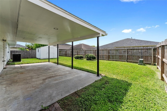 7815 Brook Trail Cir, Houston, TX 77040 - fenced backyard featuring a storage shed and a patio