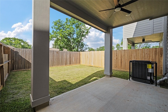 4517 Teton St, Houston, TX 77051 - fenced backyard with a ceiling fan and a patio area