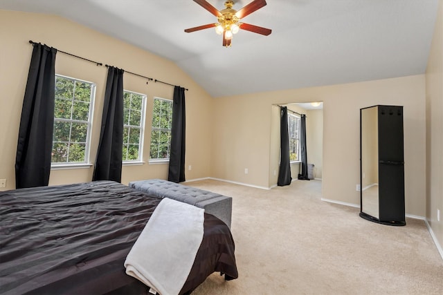 15026 Sunset Creek Dr, Humble, TX 77396 - bedroom featuring vaulted ceiling, light colored carpet, and ceiling fan