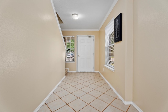 15026 Sunset Creek Dr, Humble, TX 77396 - doorway to outside featuring crown molding and light tile patterned floors