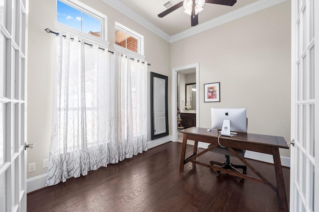 6051 Longmire Trl, Conroe, TX 77304 - office space featuring dark wood-style floors, ornamental molding, and a ceiling fan