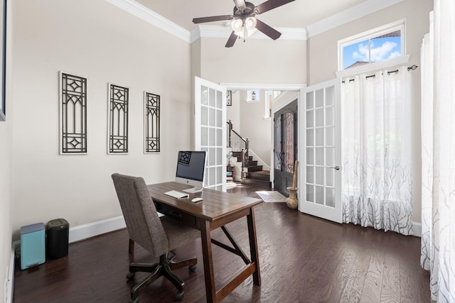 6051 Longmire Trl, Conroe, TX 77304 - office space featuring french doors, crown molding, dark wood-style flooring, and ceiling fan