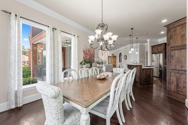 6051 Longmire Trl, Conroe, TX 77304 - dining room featuring ornamental molding, healthy amount of natural light, dark wood-style flooring, a chandelier, and recessed lighting