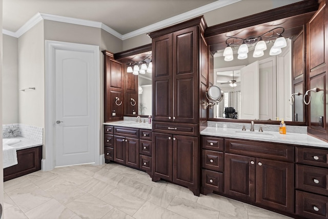 6051 Longmire Trl, Conroe, TX 77304 - bathroom featuring double vanity, crown molding, a tub to relax in, a ceiling fan, and marble finish floors