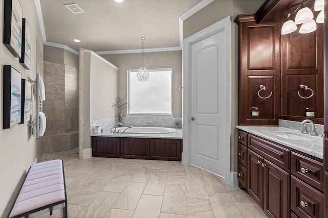 6051 Longmire Trl, Conroe, TX 77304 - full bathroom with a garden tub, a walk in shower, vanity, ornamental molding, and marble look tile flooring