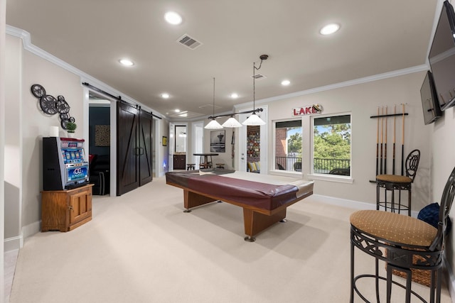 6051 Longmire Trl, Conroe, TX 77304 - rec room with a barn door, light colored carpet, ornamental molding, recessed lighting, and billiards table