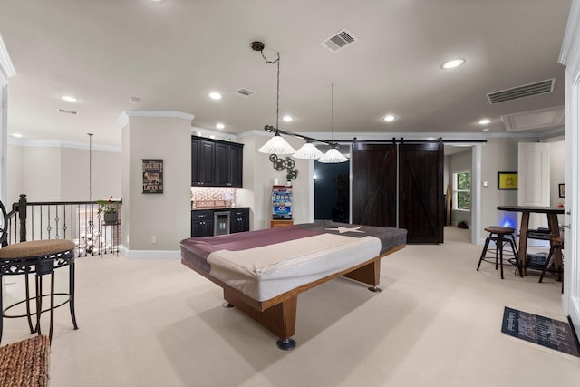 6051 Longmire Trl, Conroe, TX 77304 - playroom featuring light carpet, ornamental molding, a barn door, recessed lighting, and billiards table