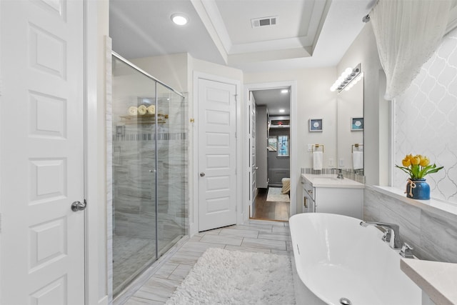 27915 Round Moon Ln, Katy, TX 77494 - full bathroom with a shower stall, vanity, a soaking tub, recessed lighting, and a closet