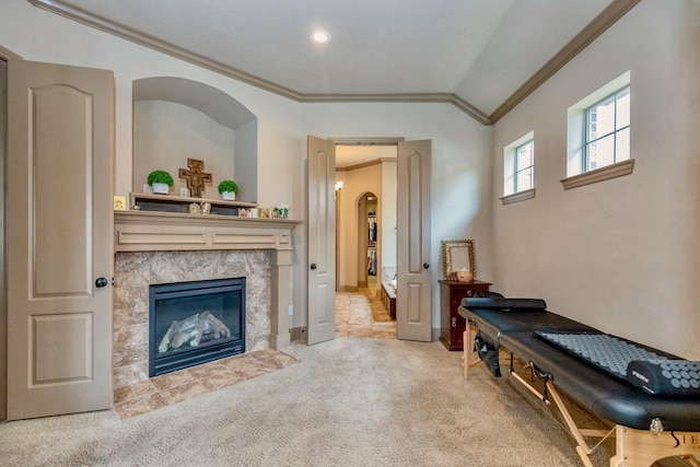 407 Pickney Ave, Sugar Land, TX 77479 - sitting room with ornamental molding, a high end fireplace, carpet, lofted ceiling, and arched walkways