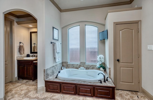 407 Pickney Ave, Sugar Land, TX 77479 - bathroom with vanity, a bath, and ornamental molding