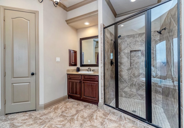 407 Pickney Ave, Sugar Land, TX 77479 - full bath featuring vanity, ornamental molding, a shower stall, recessed lighting, and marble finish flooring