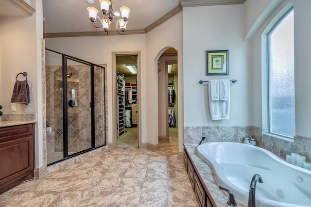 407 Pickney Ave, Sugar Land, TX 77479 - bathroom with a jetted tub, a shower stall, crown molding, a spacious closet, and a chandelier