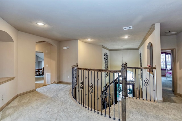 407 Pickney Ave, Sugar Land, TX 77479 - hallway with carpet floors, arched walkways, an upstairs landing, and recessed lighting