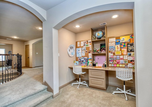 407 Pickney Ave, Sugar Land, TX 77479 - office area featuring arched walkways, light carpet, built in study area, and recessed lighting