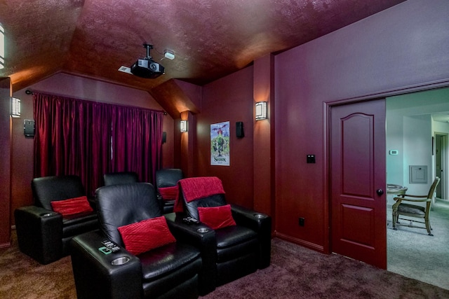 407 Pickney Ave, Sugar Land, TX 77479 - carpeted home theater room with vaulted ceiling and a textured ceiling