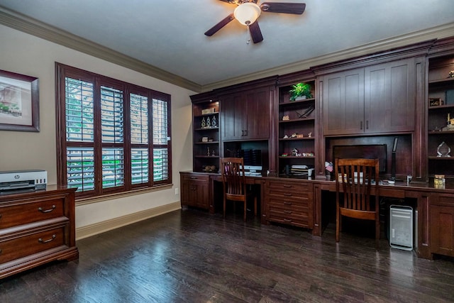 407 Pickney Ave, Sugar Land, TX 77479 - office featuring built in study area, ceiling fan, ornamental molding, dark wood-style floors, and plenty of natural light
